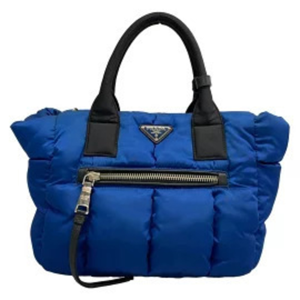 Prada Tessuto Bomber Tote Bag Blue Black Leather